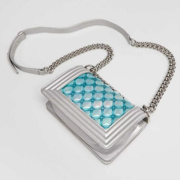 Chanel Silver/Blue Quilted PVC and Iridescent Calfskin Leather Small Boy Bag - Picture 3 of 9